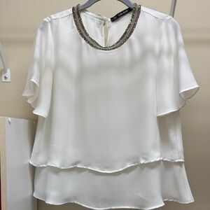Zara Ivory Layered Chiffon Blouse with Beaded Neckline